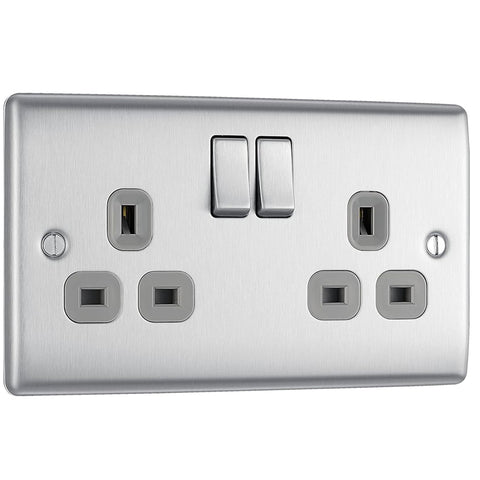 Double Switched Brushed Steel Power Socket 13A
