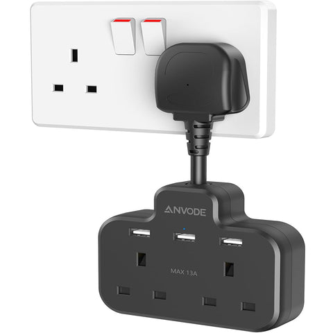 Double Plug Adaptor with USB, 2 Way Wall Adapter with Short Extension Lead, Multi Plug Socket Extender For Home Office (Black)