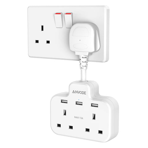 Double Plug Adaptor with USB, 2 Way Wall Adapter with Short Extension Lead, Multi Plug Socket Extender For Home Office (White)