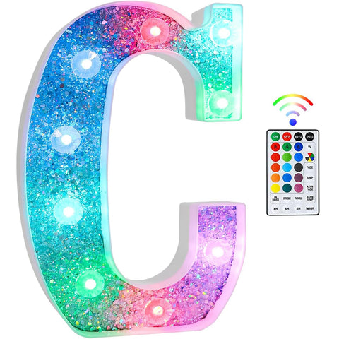C Style Color Changing LED Letter Light, Glitter Marquee Lamp with 18 Colors, Remote Controlled, Battery Powered Decorative Letter Light for Party, Wedding, Birthday and Home Decor