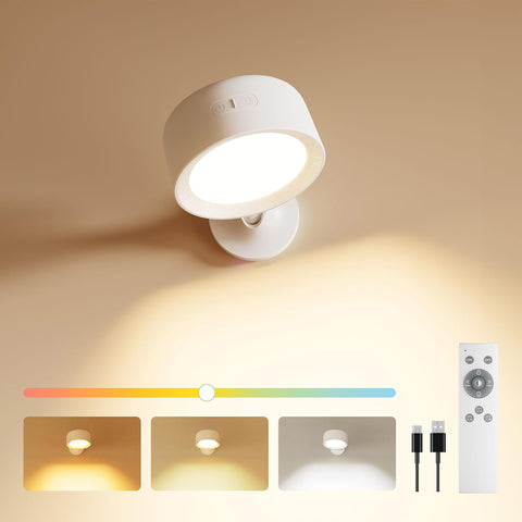 Wall Lights, Led Wall Lamp with 18 RGB Colors, 8000mAh Rechargeable Battery Operated, Touch and Remote Control,Dimmable Wireless Wall Sconces for Bedroom Indoor, 360° Rotation, White