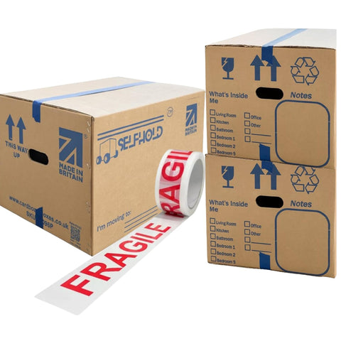 10 Double Wall Cardboard Packing Removal Moving House Boxes Large 58cm x 42cm x 35cm (23" x 17" x 14") with Printed Room Checklist, Carry Handles and 66 Metres Fragile Tape | Made in Britain