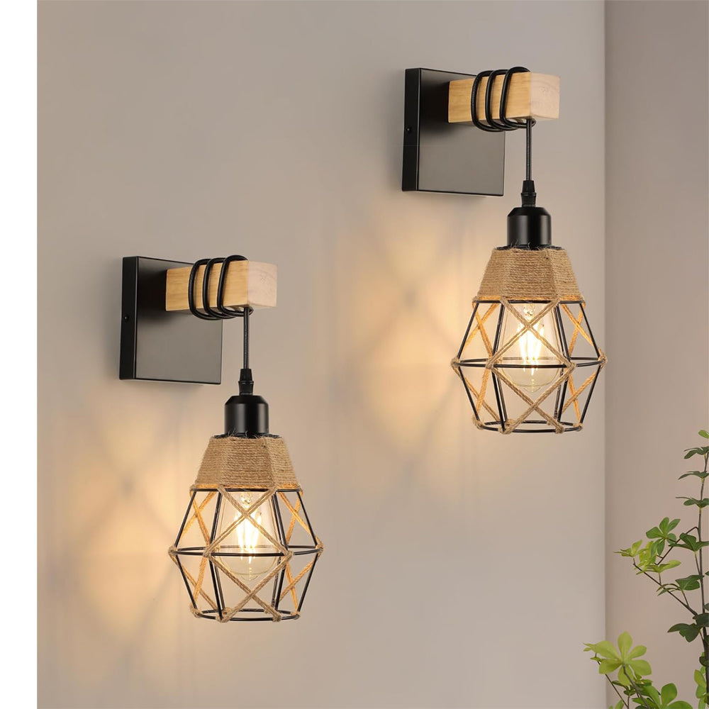 Vintage Industrial Wall Lights with Wood Arm 2 Pack