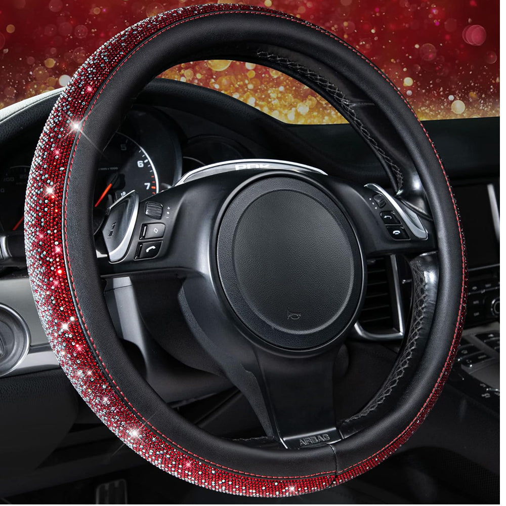 Bling Diamond Leather Steering Wheel Cover Red Silver