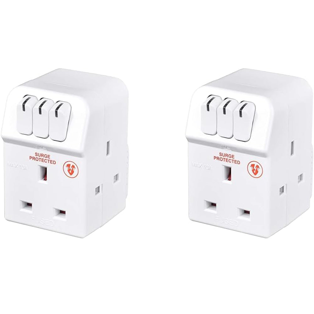 Masterplug MSWG3 Three Socket Surge Protected Adaptor with Individual Switches (Pack of 2)