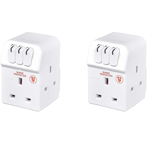 Masterplug MSWG3 Three Socket Surge Protected Adaptor with Individual Switches (Pack of 2)