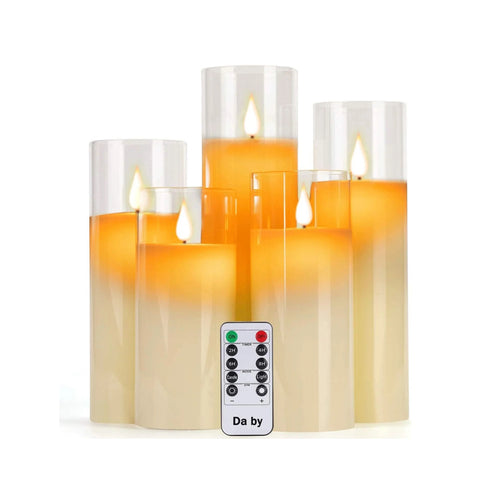 Flameless LED Candles Set of 5 with Glass Effect, Real Wax Pillars with Dancing Flickering Flame, Battery Operated with 10-Key Remote & 24-Hour Timer for Home & Event Décor