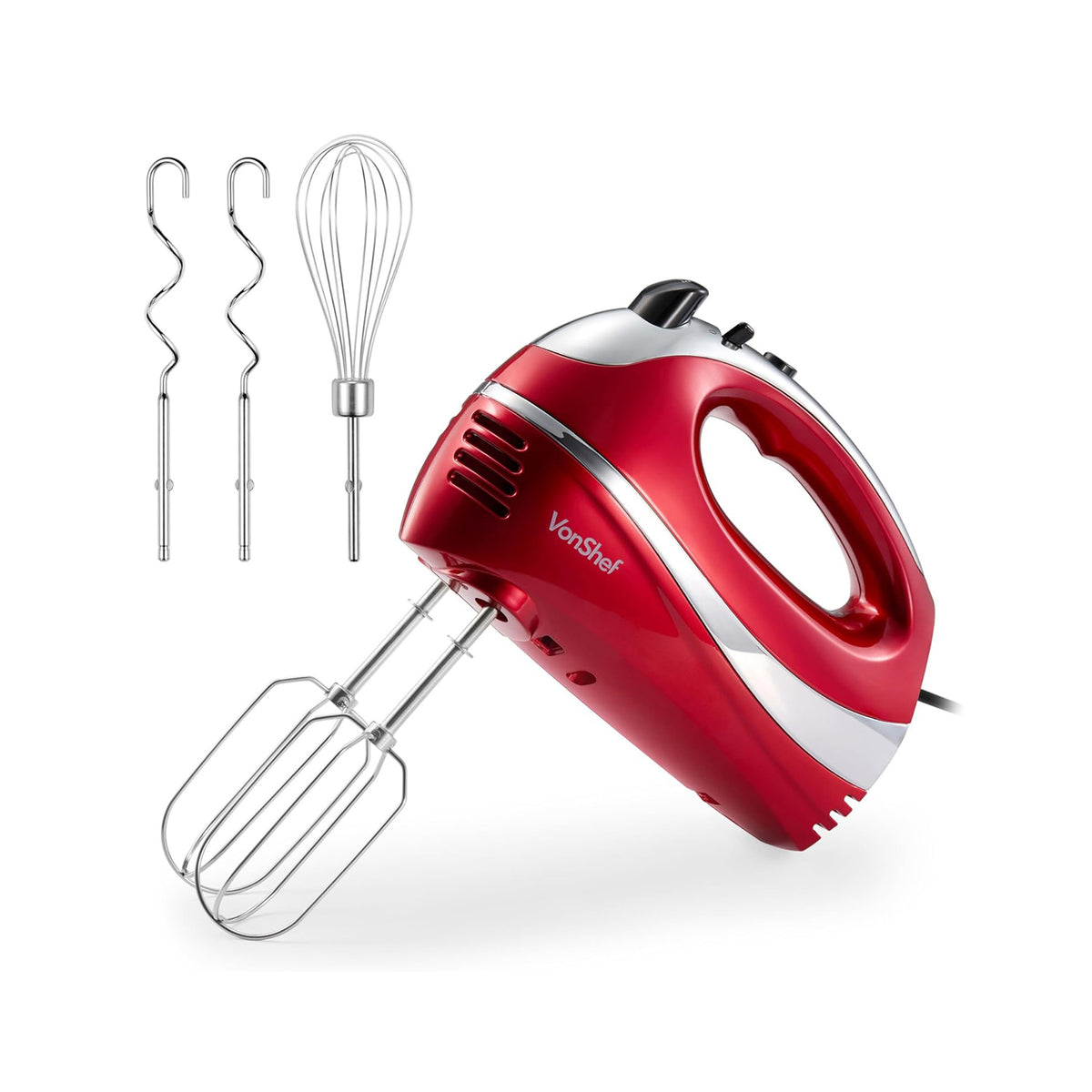 VonShef Hand Mixer Electric Whisk – 300W Food Mixer for Baking, 5 Speeds, Turbo Boost, Eject Button, 2 Beaters, 2 Hooks & Whisk – Red