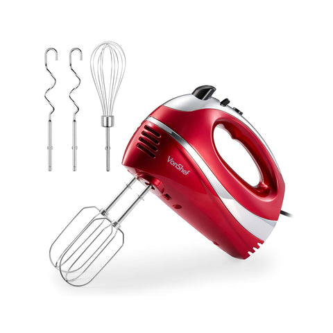 VonShef Hand Mixer Electric Whisk – 300W Food Mixer for Baking, 5 Speeds, Turbo Boost, Eject Button, 2 Beaters, 2 Hooks & Whisk – Red