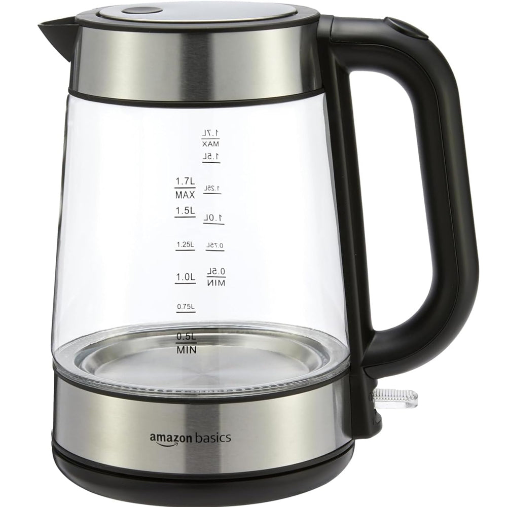Amazon Basics 1.7L Electric Glass Kettle – Fast Boil 2200W, LED Illumination, Auto Shut-Off, Cordless Design – Black/Silver