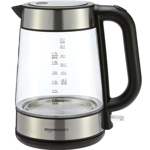Amazon Basics 1.7L Electric Glass Kettle – Fast Boil 2200W, LED Illumination, Auto Shut-Off, Cordless Design – Black/Silver
