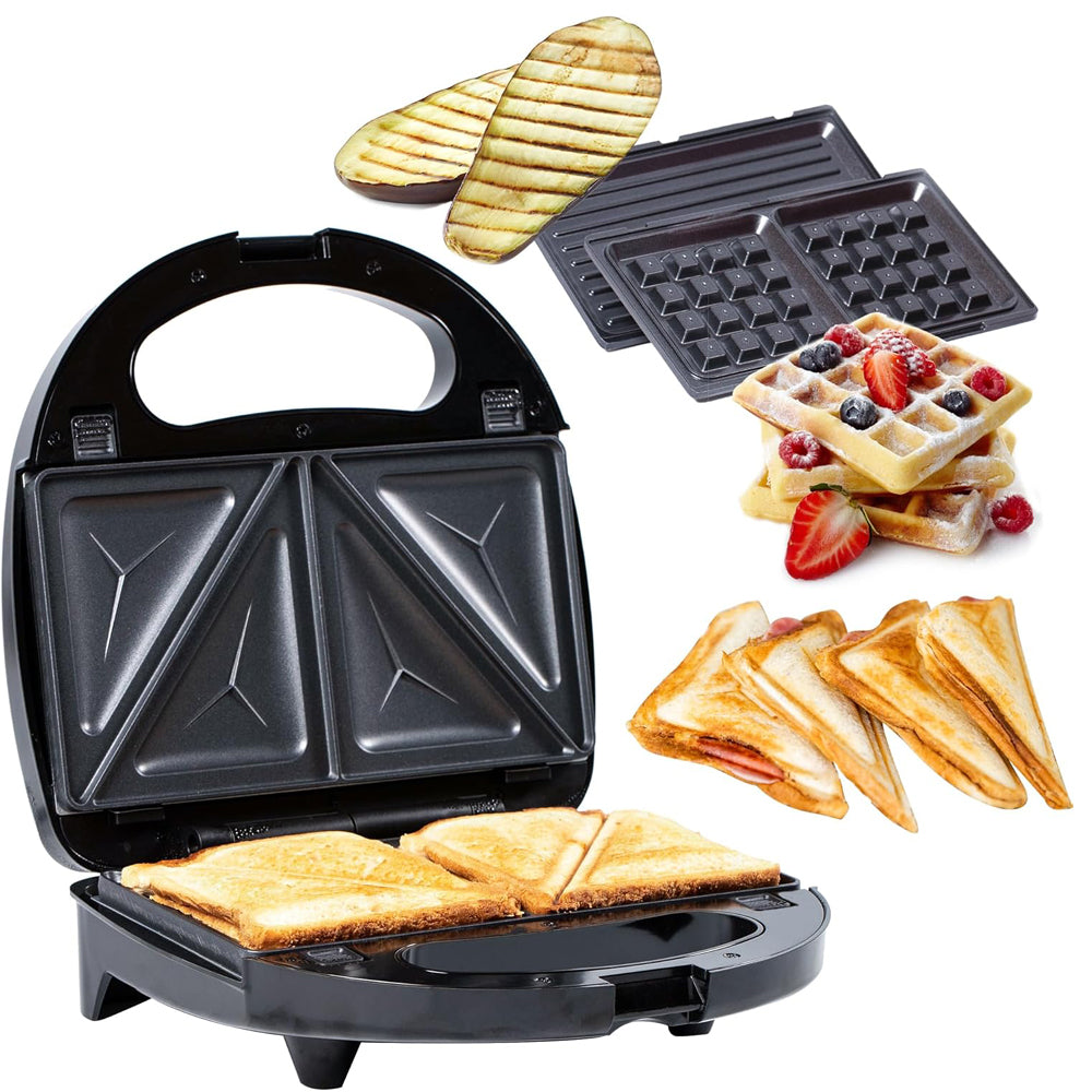 3-in-1 Belgian Waffle Maker & Sandwich Press – Removable Plates, Cool-Touch Handle, Indicator Lights, 750W Multi-Function Grill UK