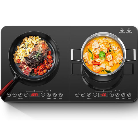 Aobosi Double Induction Hob 2800W Black Glass Panel – 20 Temp Settings, 2 Burners, Safety Lock