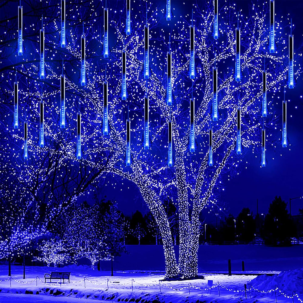Kwaiffeo Blue Meteor Shower Christmas Lights Outdoor 240LED 10 Tube Waterproof