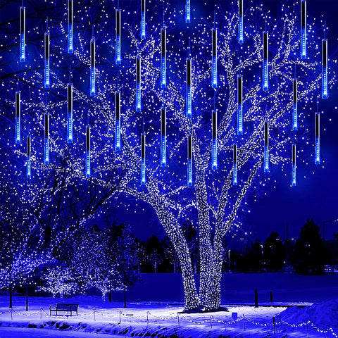 Kwaiffeo Blue Meteor Shower Christmas Lights Outdoor 240LED 10 Tube Waterproof