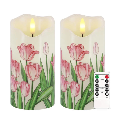 Tulip Flameless Pillar Candles Set of 2, 6×3 Inch Real Wax LED Candles with Remote, Timer & Dimmable Flickering Light