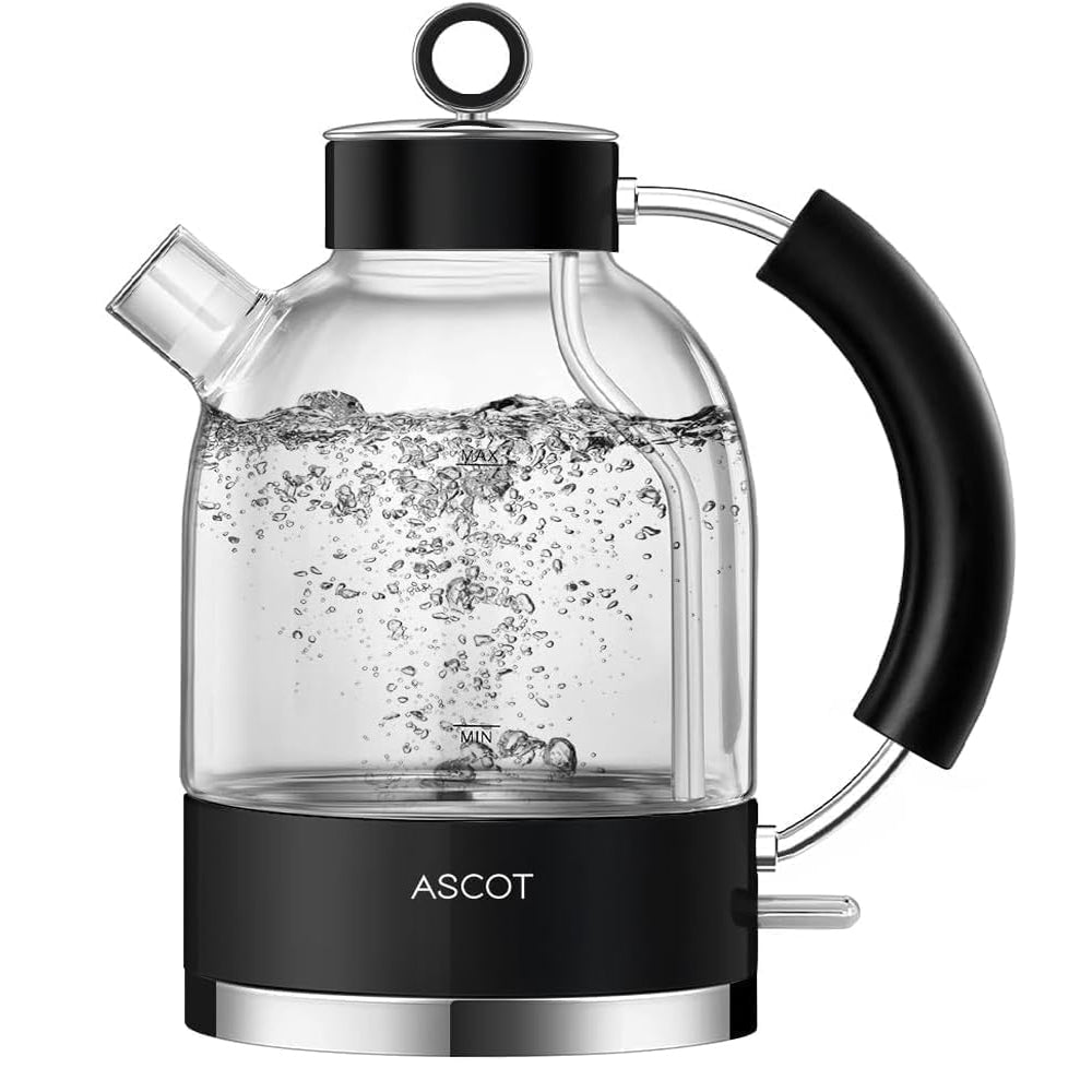 Glass Electric Kettle 1.5L – Fast Boil Tea Heater & Hot Water Boiler – Borosilicate Glass – Auto Shut-Off, Boil-Dry Protection – Black