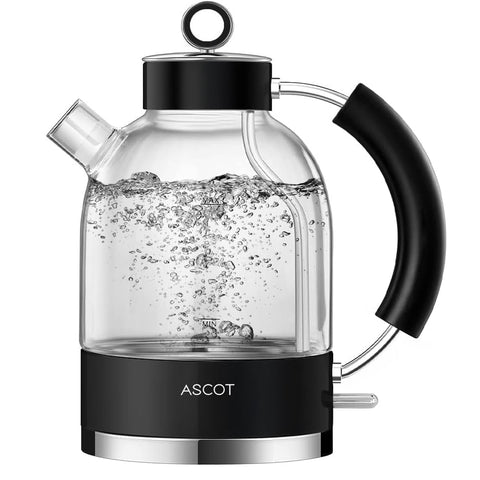 Glass Electric Kettle 1.5L – Fast Boil Tea Heater & Hot Water Boiler – Borosilicate Glass – Auto Shut-Off, Boil-Dry Protection – Black