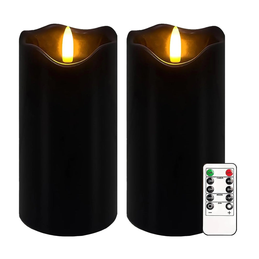 Black Flameless Pillar Candles Set of 2, 6×3 Inch Real Wax LED Candles with Remote, Timer & Dimmable Flickering Light