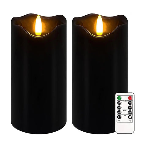 Black Flameless Pillar Candles Set of 2, 6×3 Inch Real Wax LED Candles with Remote, Timer & Dimmable Flickering Light