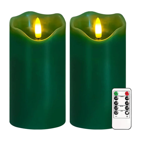 Green Flameless Pillar Candles Set of 2, 6×3 Inch Real Wax LED Candles with Remote, Timer & Dimmable Flickering Light