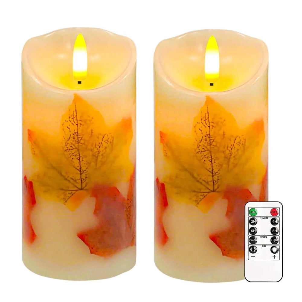 Flameless Pillar Candle Light Set of 2, 6x3 Inch Flickering Real Wax LED Candles with Remote and Timer, Battery Operated, Maple Leaf Design