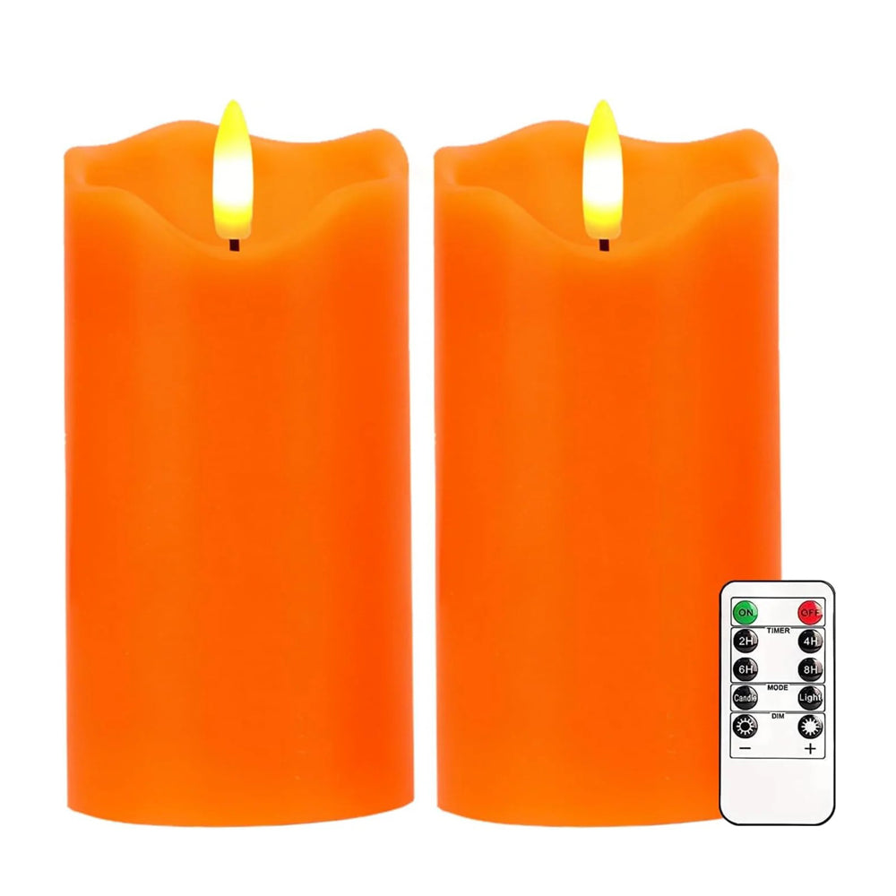 Flameless Pillar Candle Light Set of 2, 6x3 Inch Flickering Real Wax LED Candles with Remote and Timer, Battery Operated, Orange