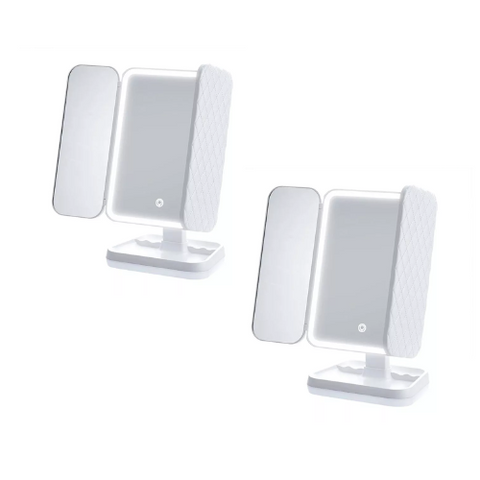 Close-up of touch sensor controls on LED makeup mirror.

