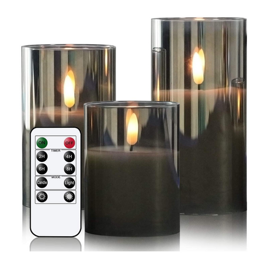 Gray Glass LED Candles with Remote, Battery Operated Flickering Flameless Candles with Timer, 3 Pack Fake Candles for Home Decor((D3'' x H4'' 5'' 6'')