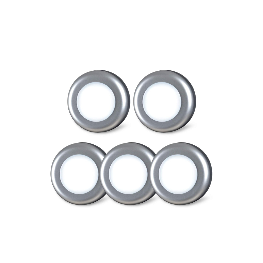 Set of five circular metallic rings on a white background