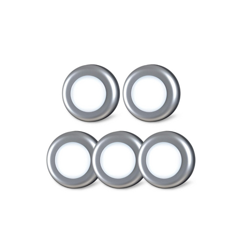 Set of five circular metallic rings on a white background
