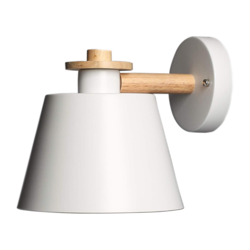 Modern Metal Wall Lamp Wooden Decorative E27 Wall Light Sconce Lighting for Hallway Aisle Bedside Study Room Bathroom with Elegant White Painted Lamp Shade