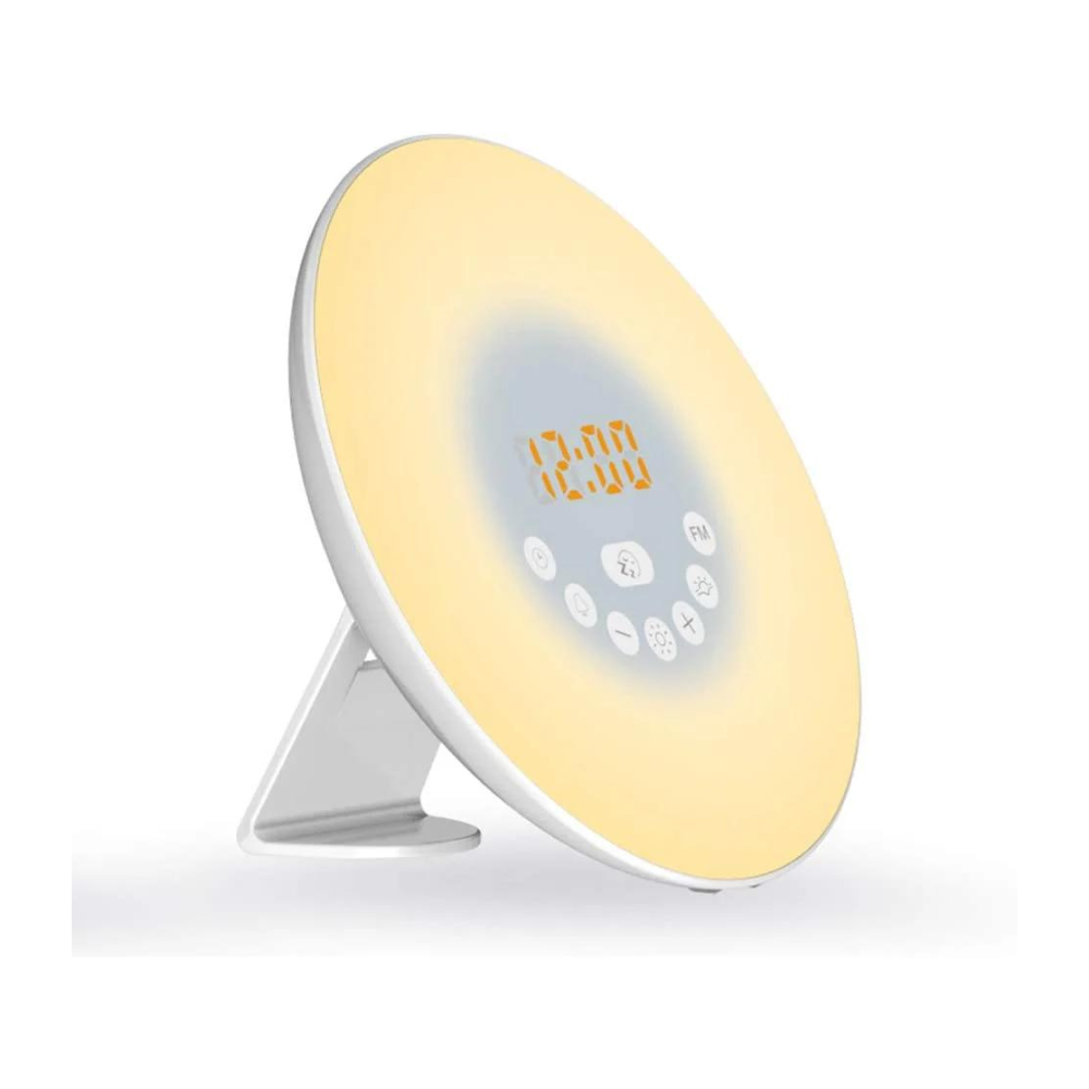 Sunrise Wake Up Lamp Alarm Clock and FM Radio, Bedside Reading Light with 7 Colours and Sounds, USB Powered - thelights4u.com