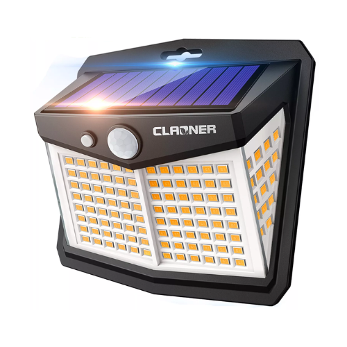 Solar-powered security light mounted on a garage wall


