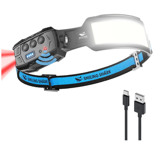 Smiling Shark Headlamp, Head Lamp LED Rechargeable 6 Modes 7*White Lights 270° Lighting Width Motion Sensor Red Tail Light for Camping Fishing Running Repairation, LED-HeadLamp-Rechargeable-Light