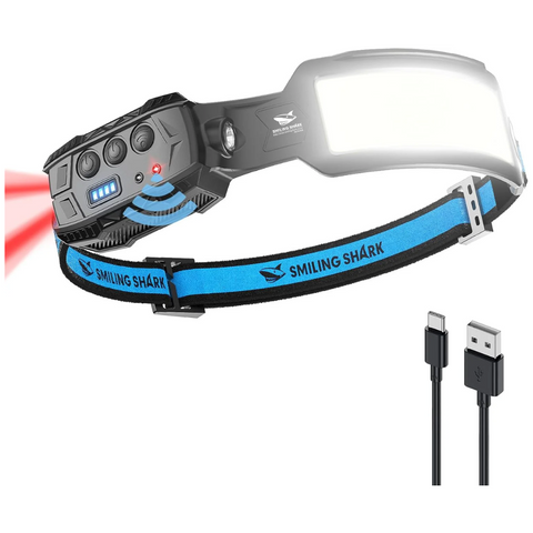Smiling Shark rechargeable LED headlamp worn at night


