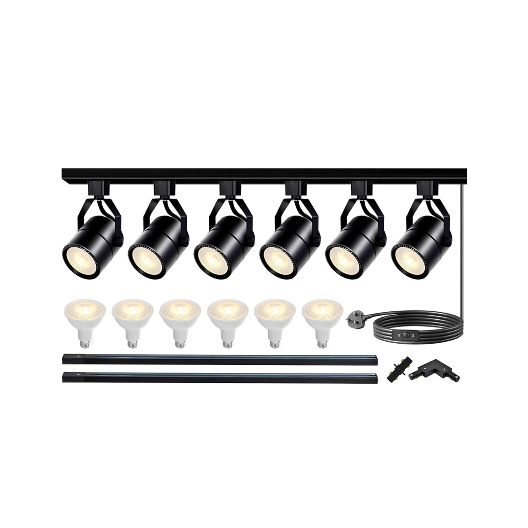 Set of black track lights with additional bulbs and accessories on a white background