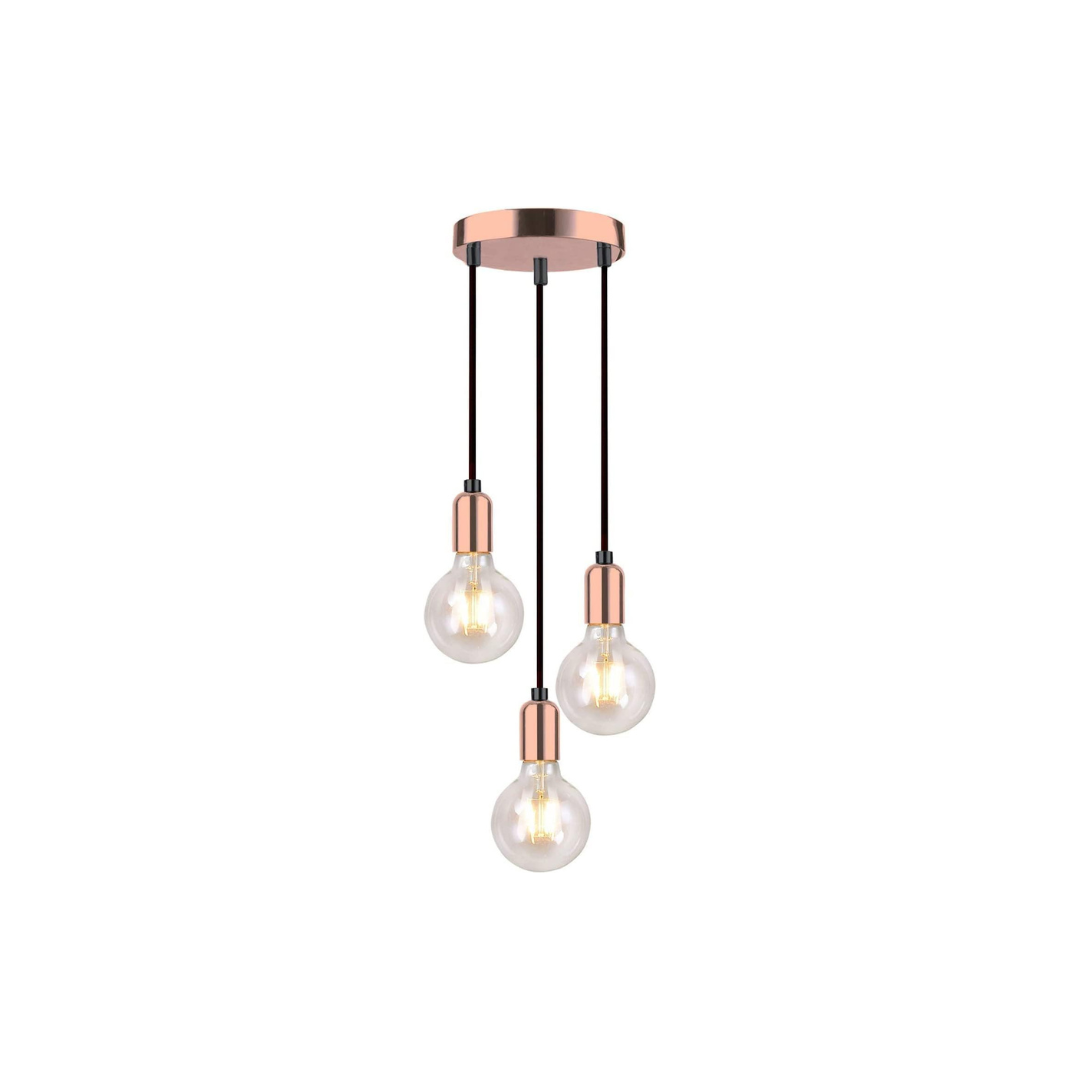 Three-light pendant lamp with rose gold accents on a white background