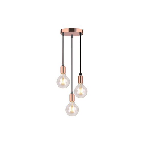 Three-light pendant lamp with rose gold accents on a white background