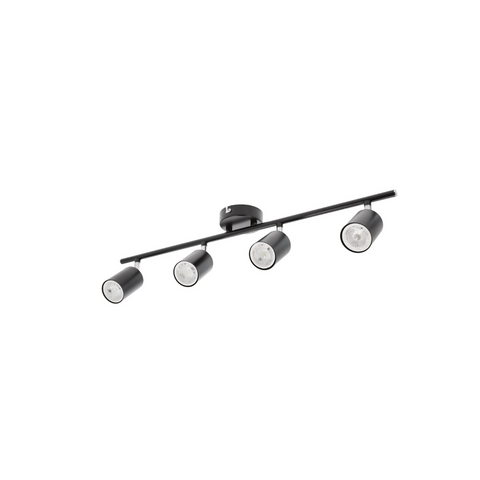Black ceiling light fixture with four adjustable lights on a white background