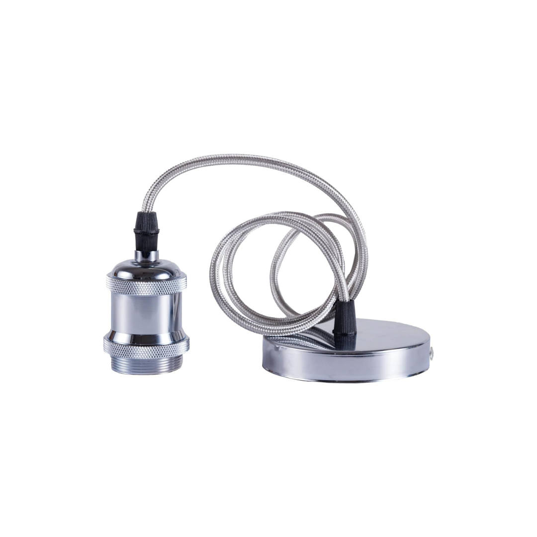 Chrome kitchen faucet handle with flexible hose on a white background
