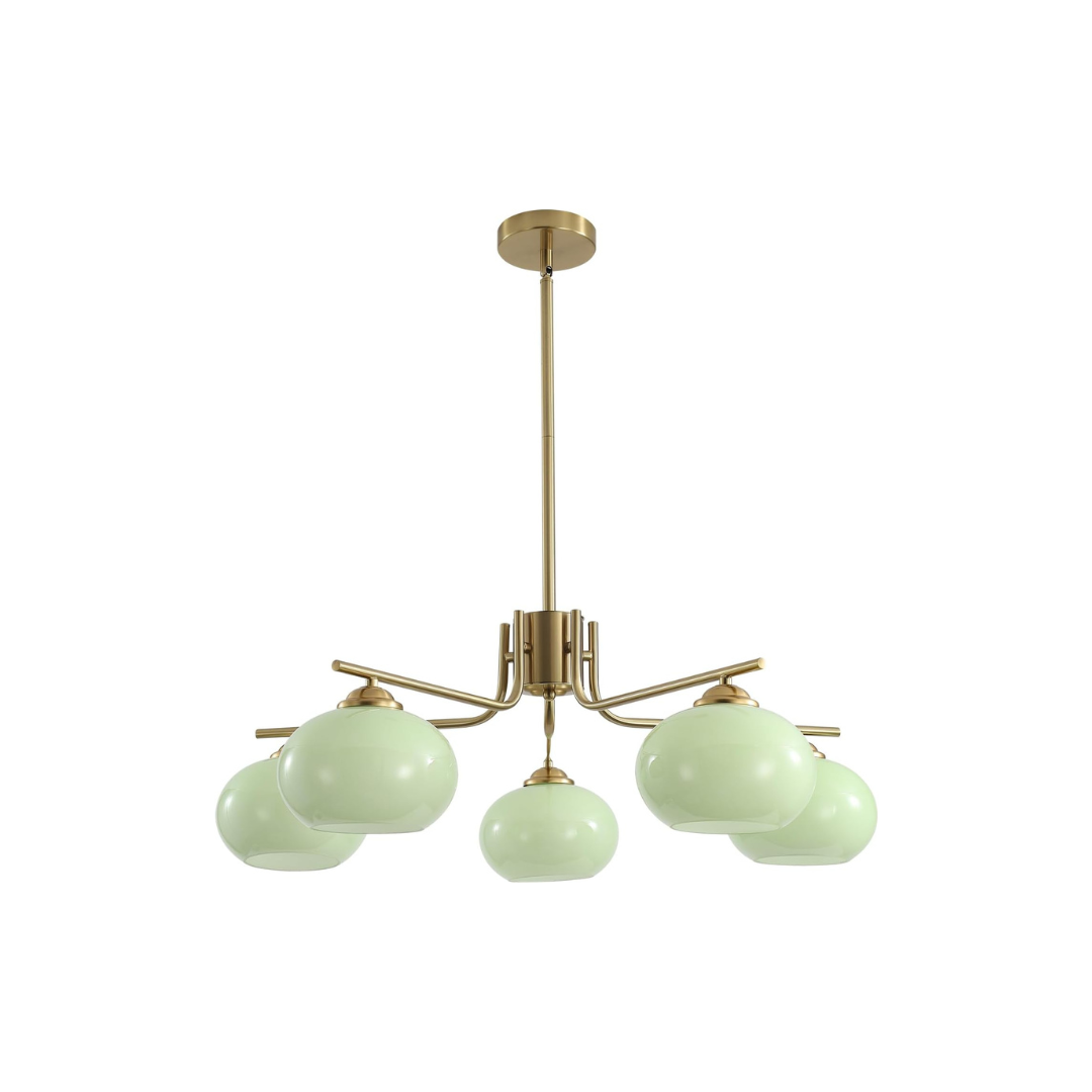 Chandelier with gold frame and green glass shades on a white background