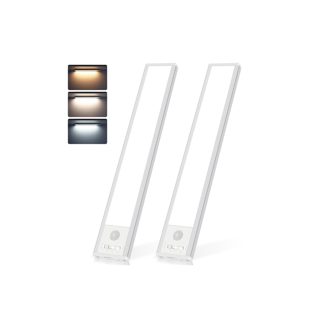 Two rectangular light fixtures with three color options displayed above them on a white background.