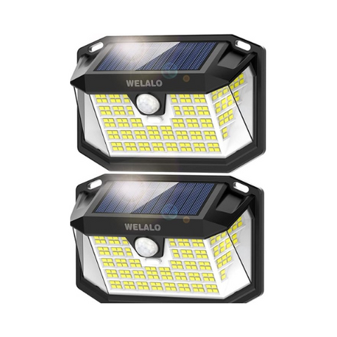 Solar light providing security illumination at a home entrance.

