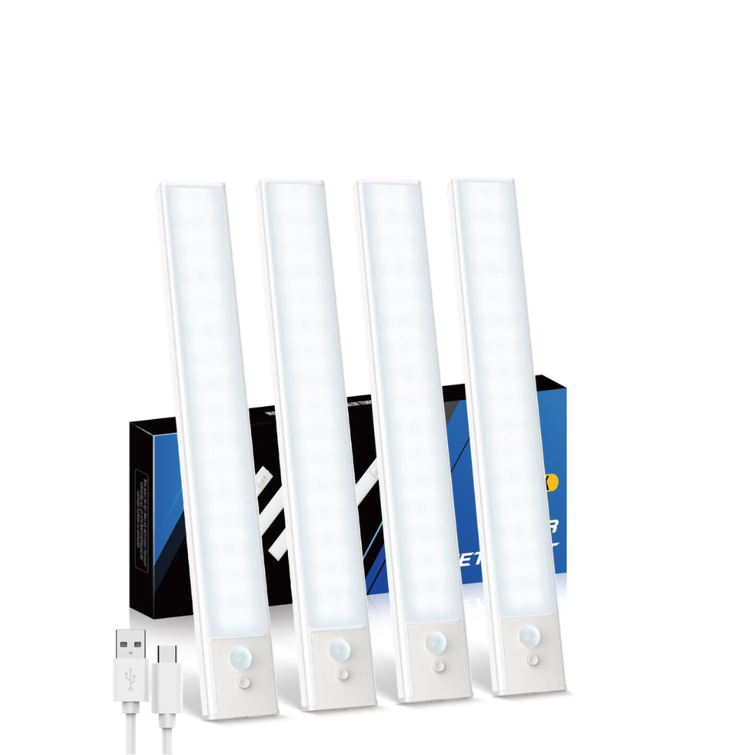 Set of four white LED strips with a USB cable on a white background