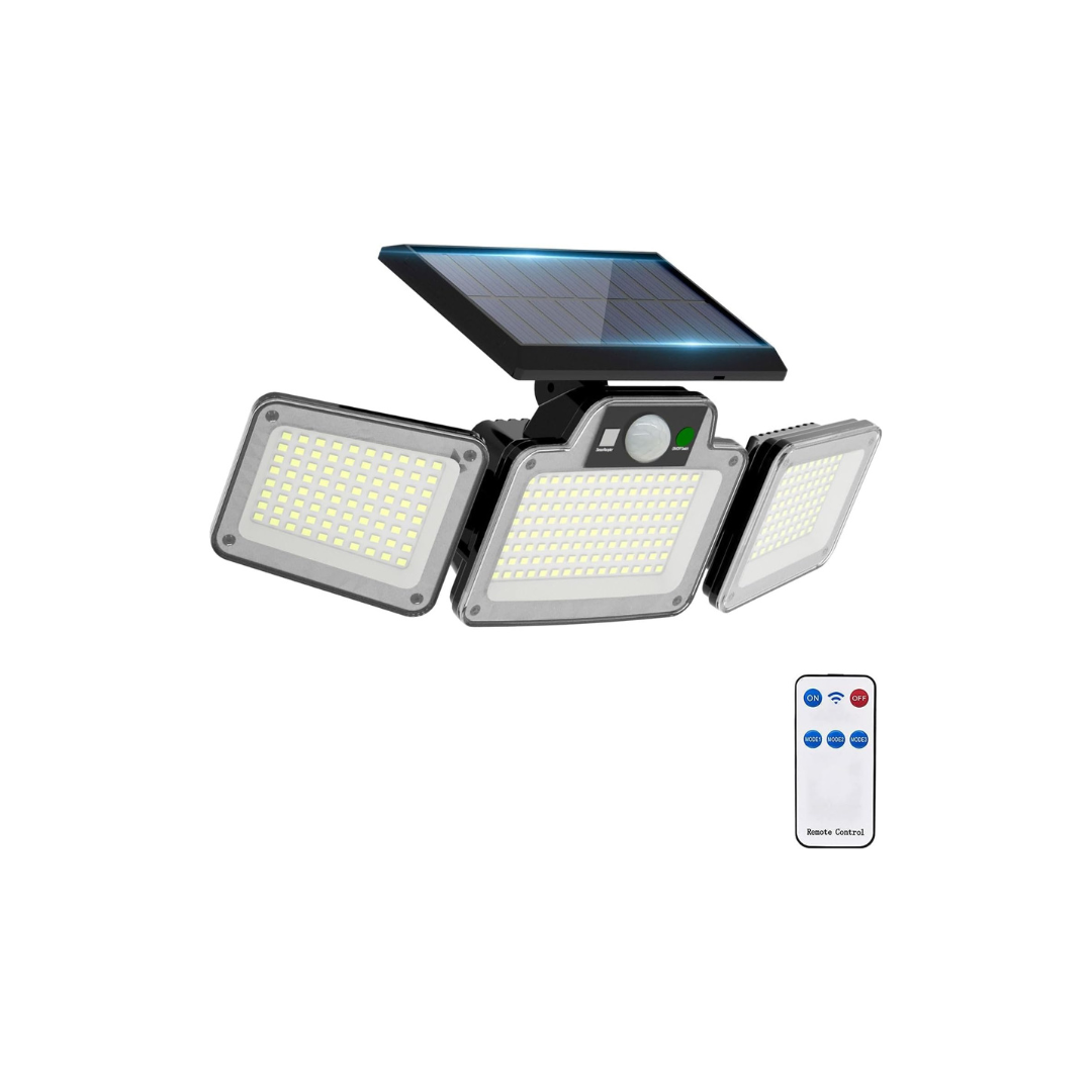 Solar-powered outdoor light fixture with remote control on a white background