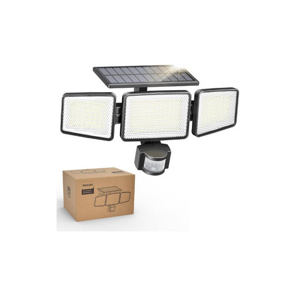Solar Security Light Outdoor, 302 LEDs 1200lm Flood Light, 3 Adjustable Heads, PIR Motion Sensor, 3 Modes, Solar-Powered, IP65 Waterproof