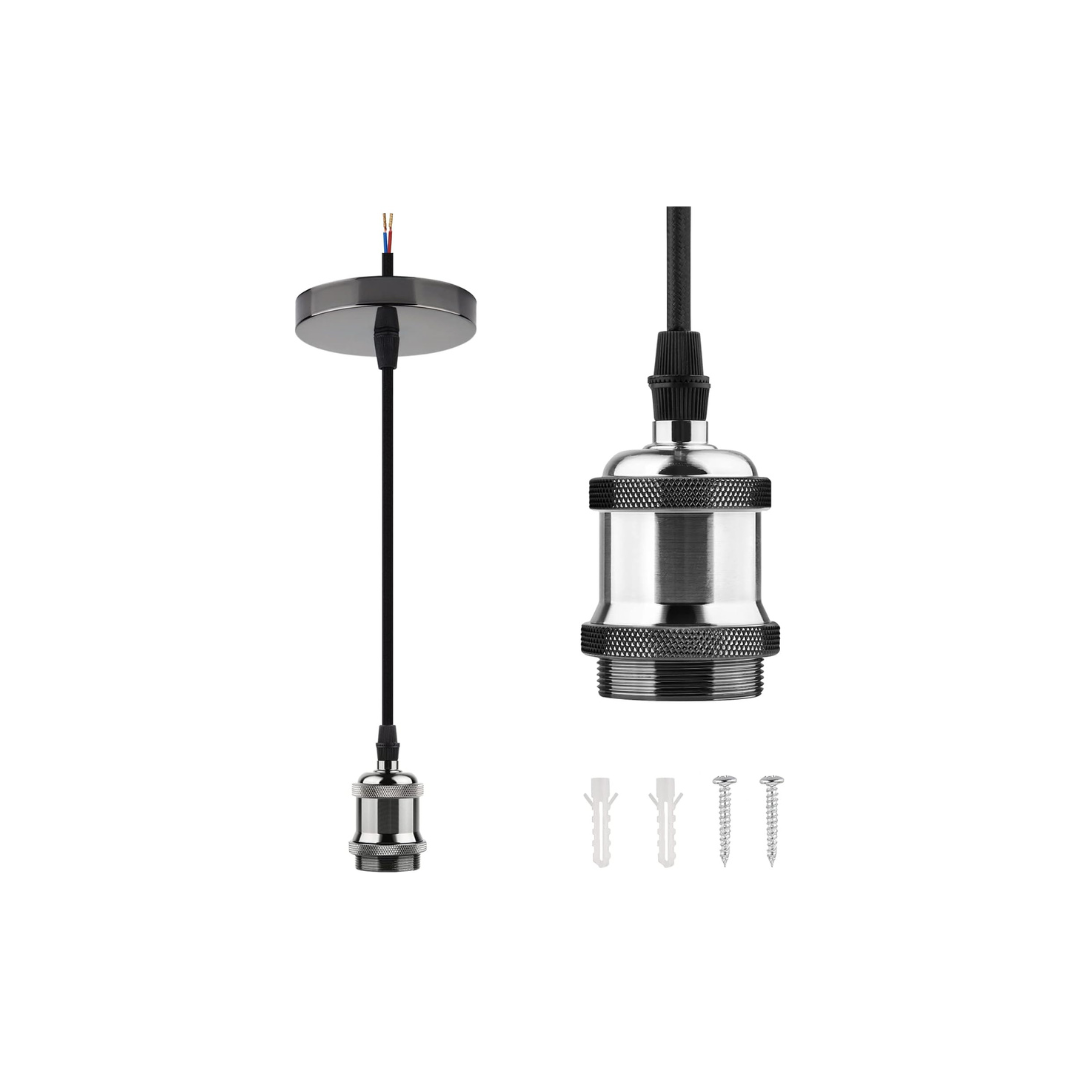 Pendant light fixture with clear glass shade and black metal components on a white background