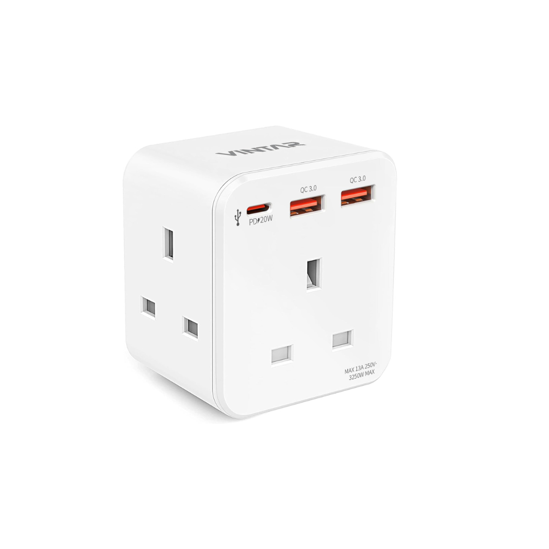 Multi Plug Adaptor with PD 20W Fast Charge USB C and 2 USB A – 3-Way A