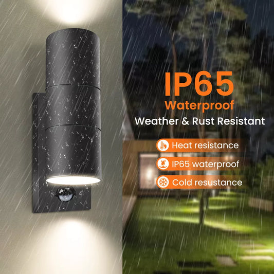 Up Down LED Wall Light PIR Motion Sensor Stainless Steel Lamp, with GU10 Bulbs 3000K 4000K 6000K Adjustable, Outdoor Security Light IP65 Waterproof for Hallway Porch
